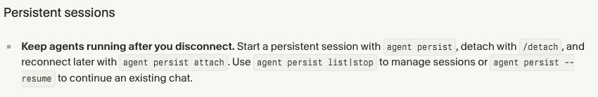Cursor's official release note describing persistent CLI sessions, detach, attach, list, and stop