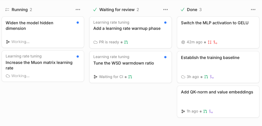 The public Devin Desktop demo groups agent tasks into Running, Waiting for review, and Done columns