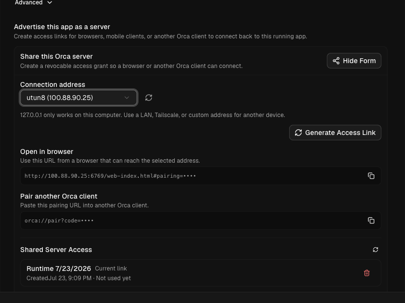 Orca's official server-sharing dialog with a Tailscale connection address and redacted pairing link