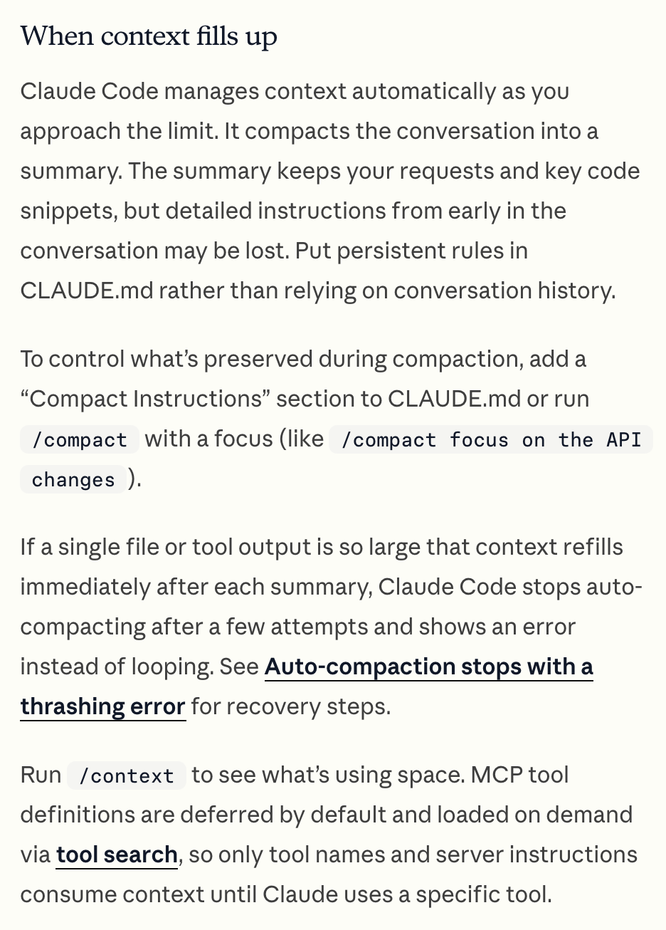 Official Claude Code documentation explaining automatic compaction and how to specify what a summary should retain