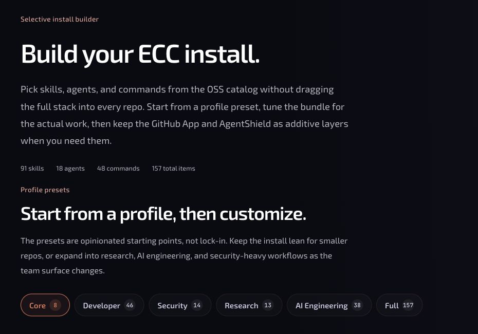 ECC 공식 스킬 카탈로그의 Core·Developer·Security 등 선택 프로필 화면