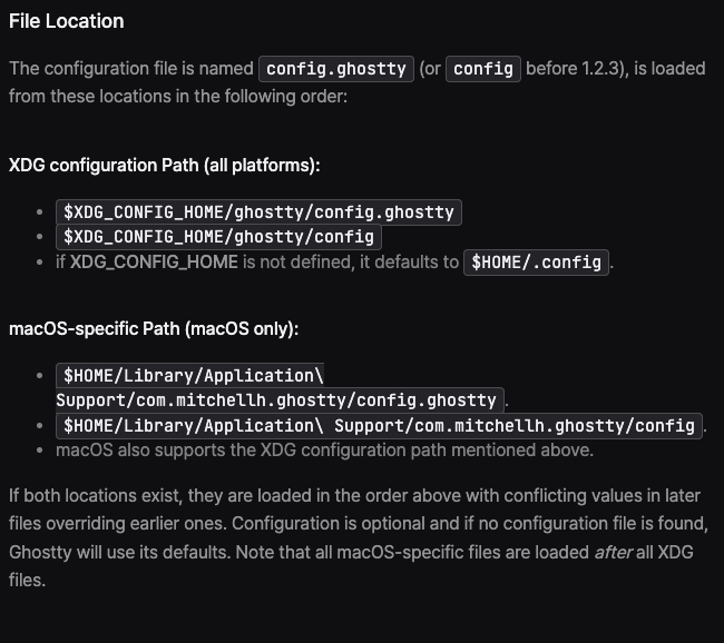 Ghostty 공식 문서가 config.ghostty와 XDG·macOS 설정 경로의 로딩 순서를 설명하는 화면