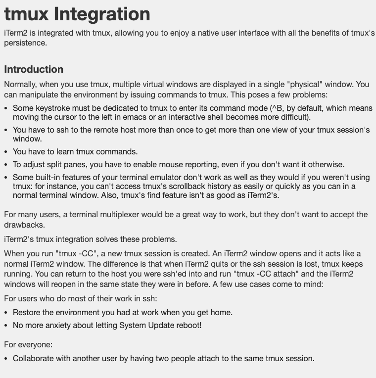 tmux 윈도를 네이티브 UI로 다루고 연결이 끊겨도 서버에 남는 작업에 다시 붙는 iTerm2 공식 설명