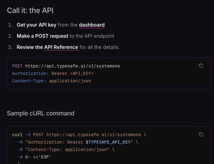 TypeSafe AI Quick start의 System One API 주소, Bearer 인증 헤더와 cURL 예제