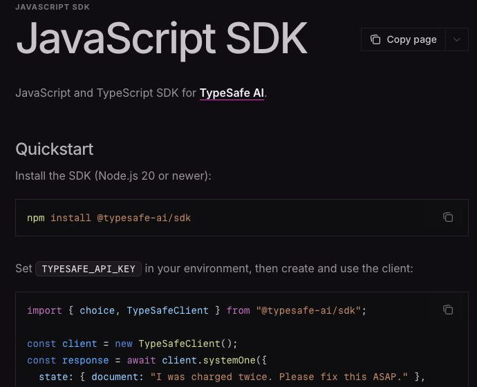 TypeSafe AI JavaScript SDK 공식 문서의 npm 설치 명령과 TypeSafeClient 예제