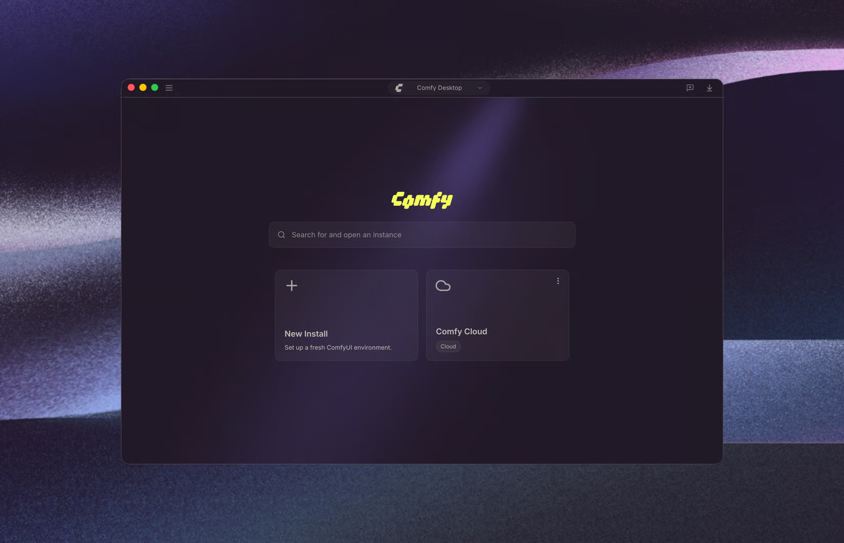 Comfy Desktop 첫 화면에 로컬 환경 생성용 New Install 카드와 Comfy Cloud 카드가 나란히 표시된 모습