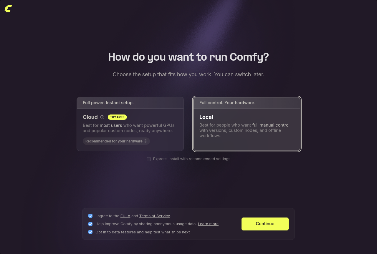 Comfy Desktop onboarding with Local selected and an optional Express Install setting