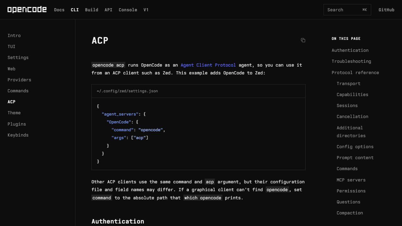 OpenCode 2 공식 ACP 문서에 표시된 Zed 연결 설정