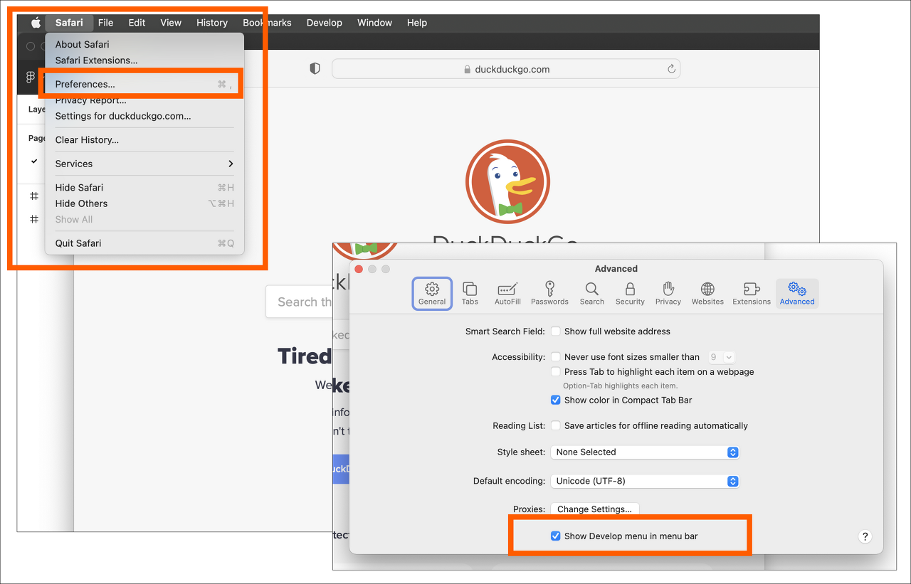 개발용 Mac 컴퓨터의 사파리에서 개발자모드를 활성화