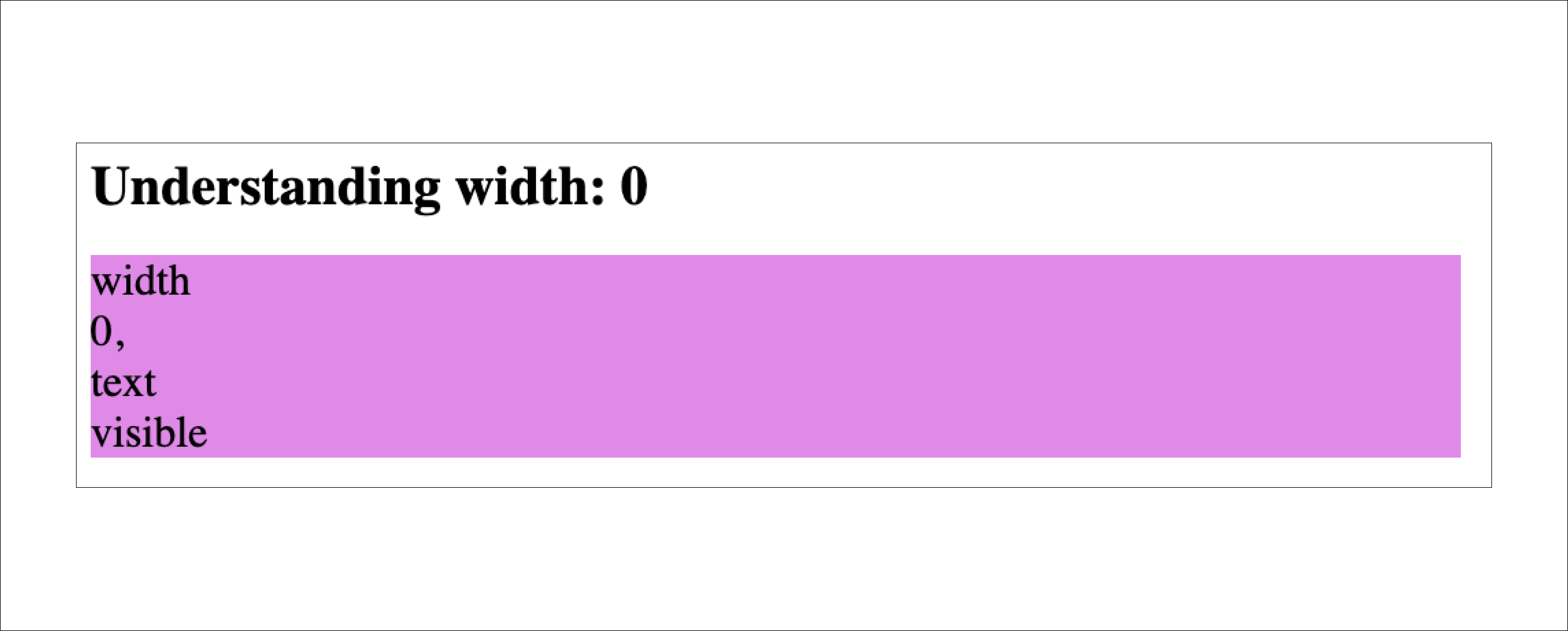 width가 0이 되면 하위 콘텐츠의 크기는 줄바꿈 단위(기본값은 단어)에 맞춰 최소화되며 overflow된 상태로 표시됨