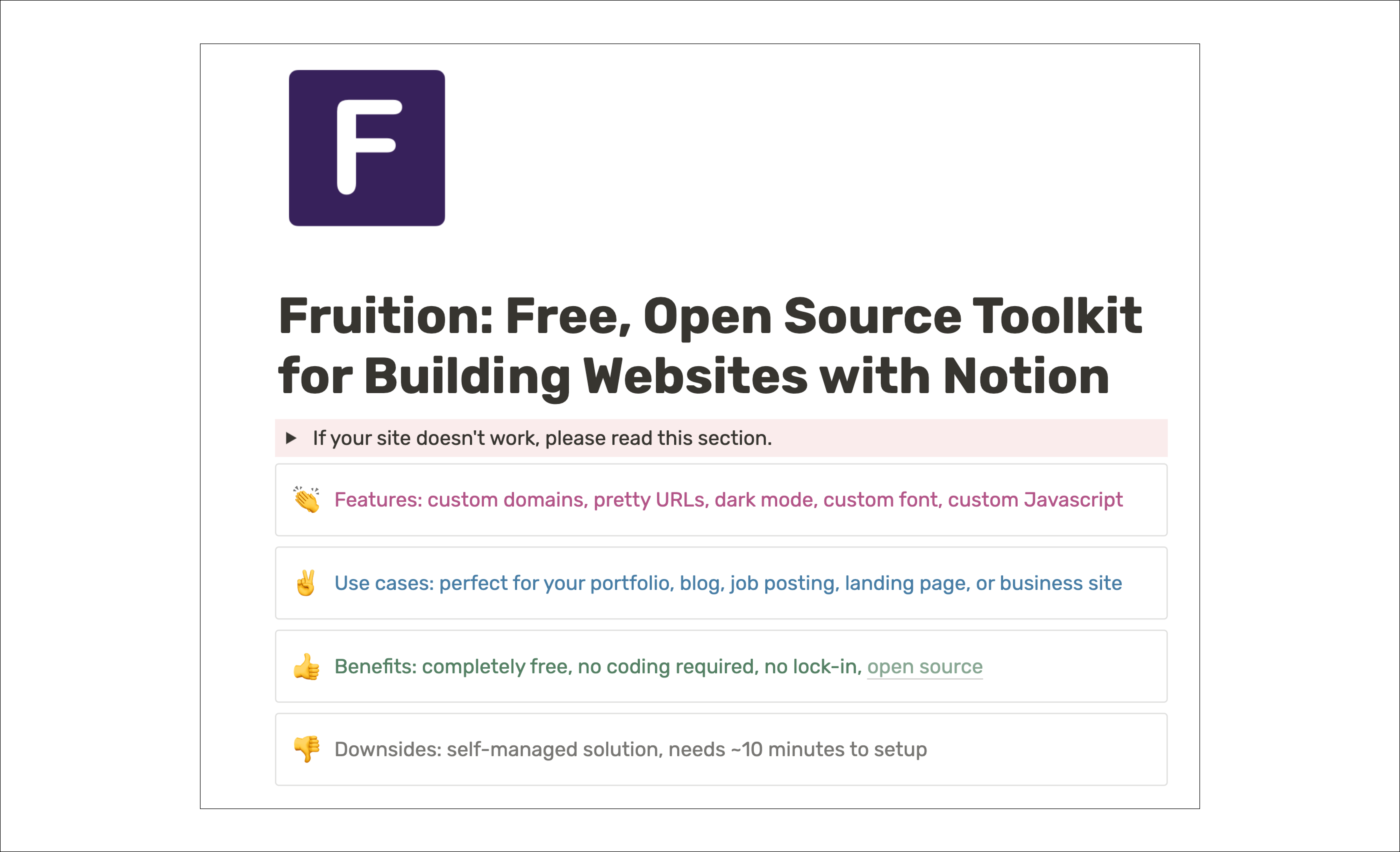 Fruition은 노션을 통한 웹사이트 빌딩과 커스텀 도메인 연결을 지원하는 오픈소스 툴킷
