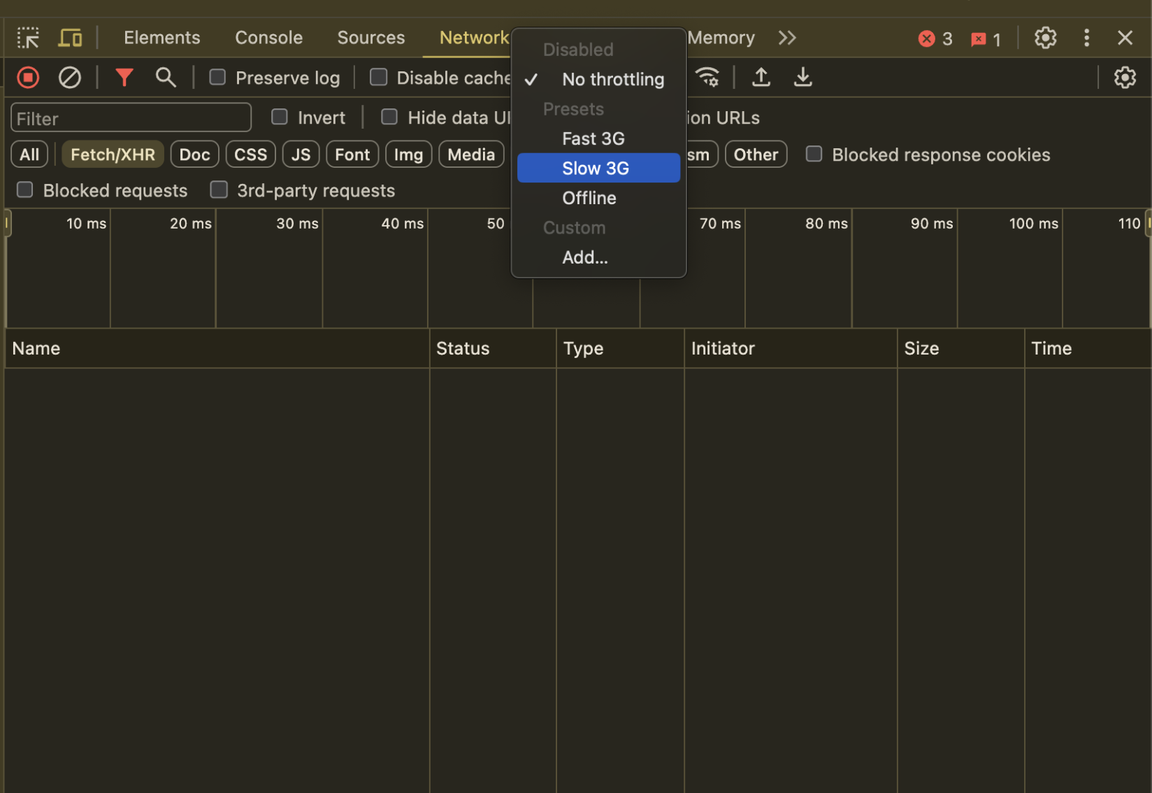 네트워크 탭의 '쓰로틀링'을 활용해 페이지 로드 인터넷 속도 변경 가능